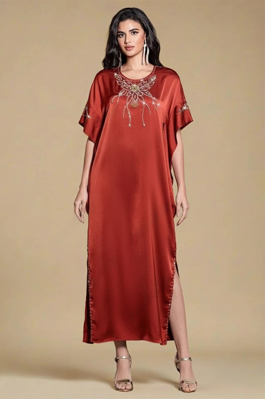 Jasira Burgundy Kaftan front view – satin kaftan with embellished neckline