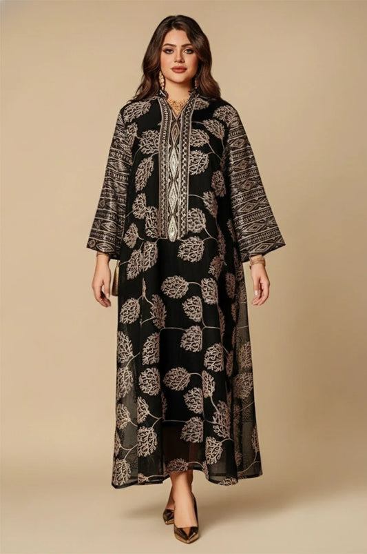 Leena black Persian kaftan front view with metallic embroidery and wide sleeves