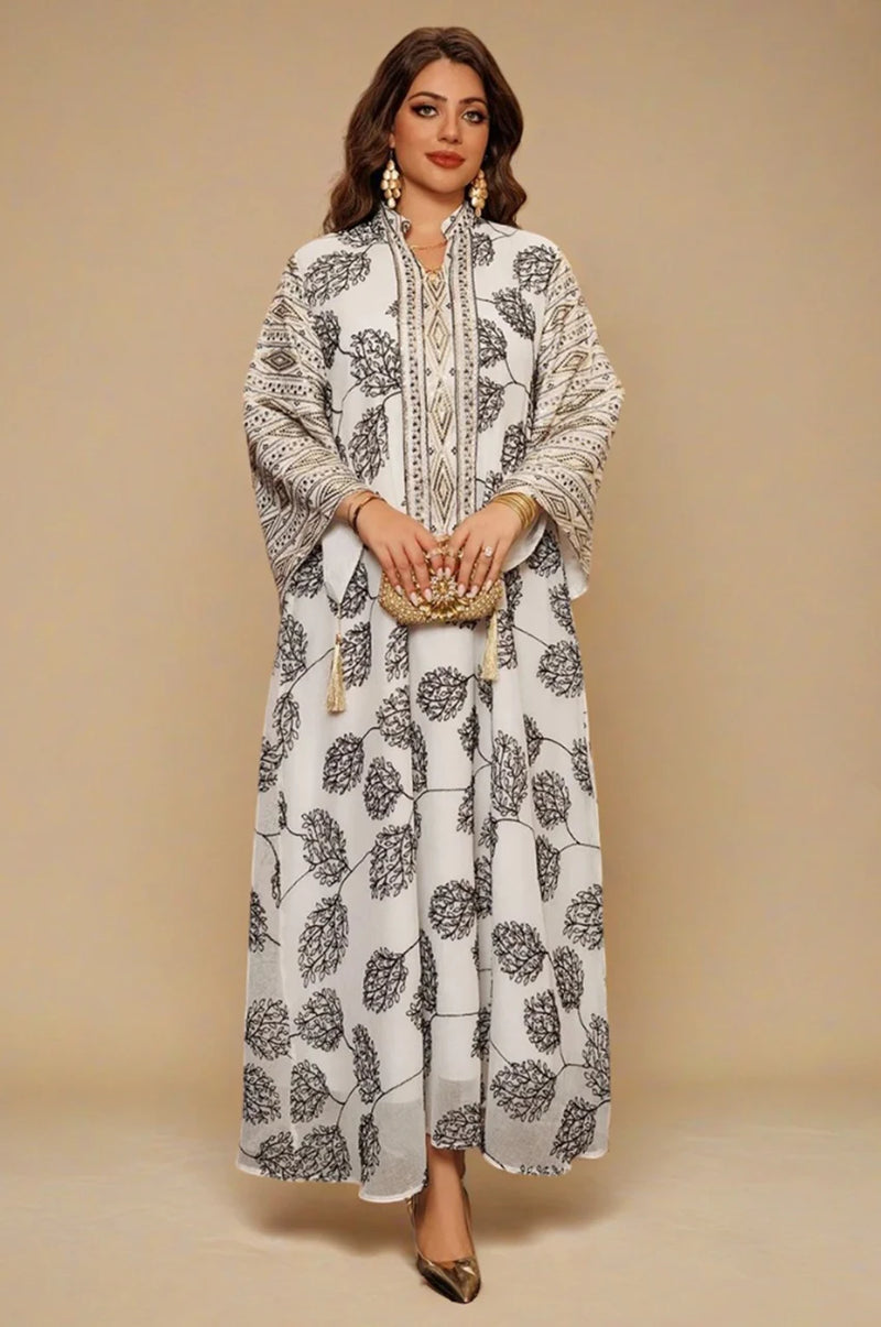 White Persian kaftan dress Leena β front view with black floral embroidery