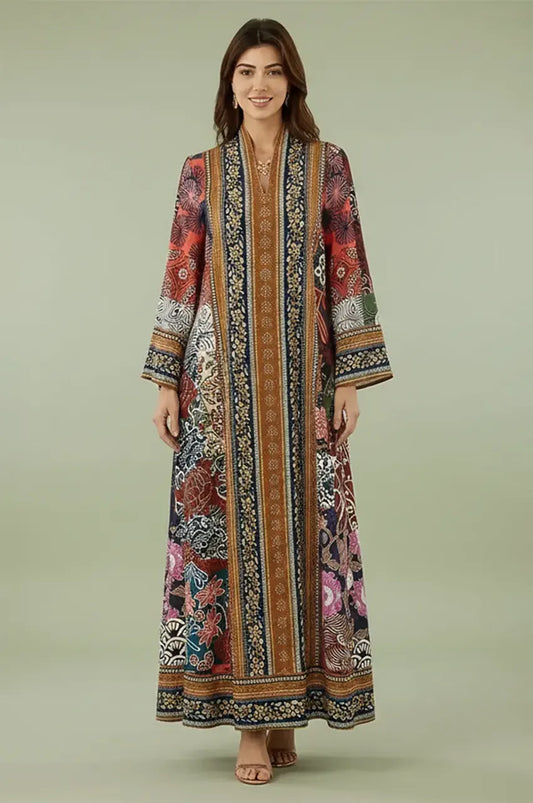 Full-length front view of Liara red digital print kaftan by Naylara.