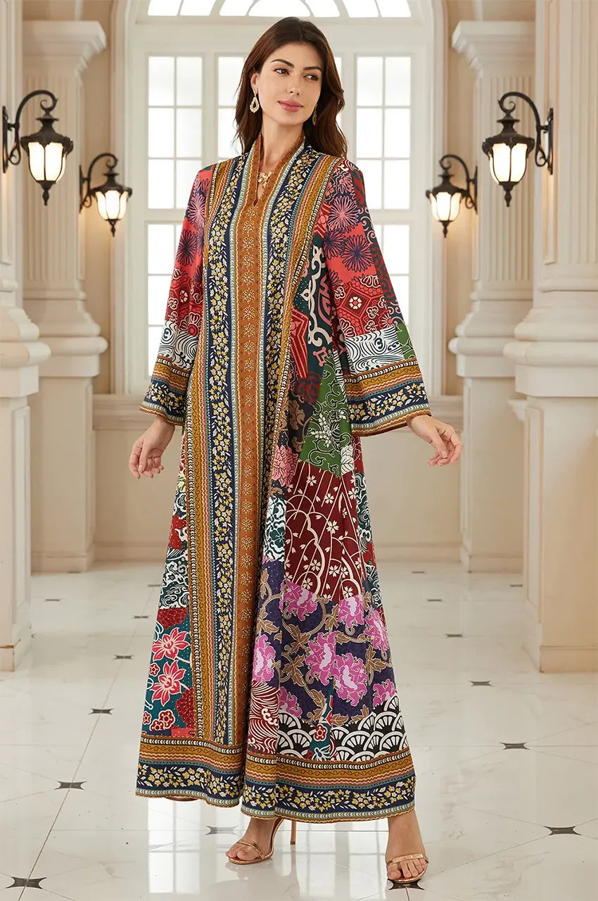 Luxury lifestyle shot of Liara digital print kaftan in a formal hall.