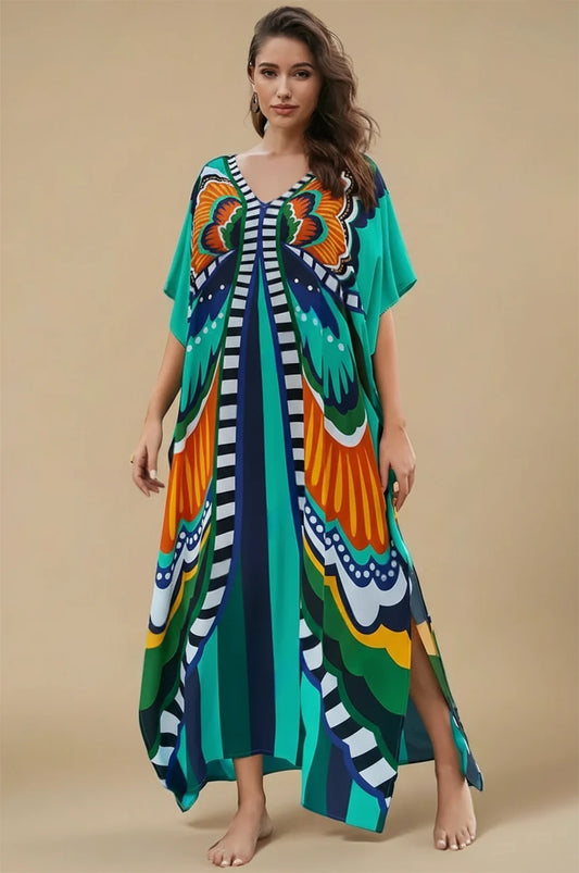 Front view of the Liorah gray boho kaftan with vibrant boho print and flowing silhouette