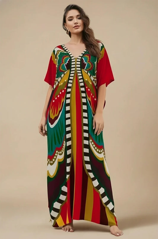 Front view of the Liorah red boho kaftan with colorful artistic butterfly print