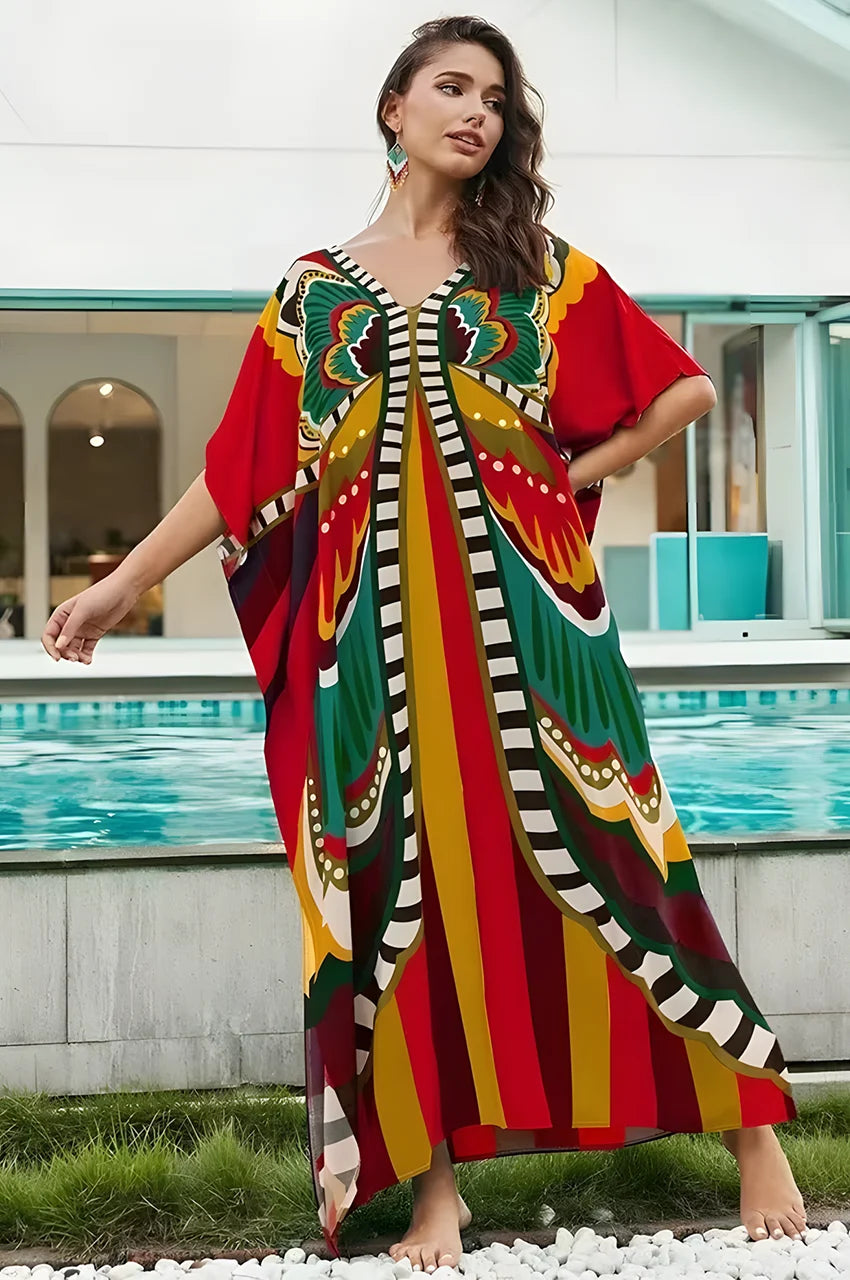 Liorah red boho kaftan styled at resort near swimming pool