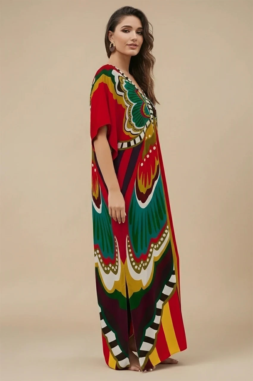 Side view of the Liorah red boho kaftan with vibrant boho pattern and flowing silhouette