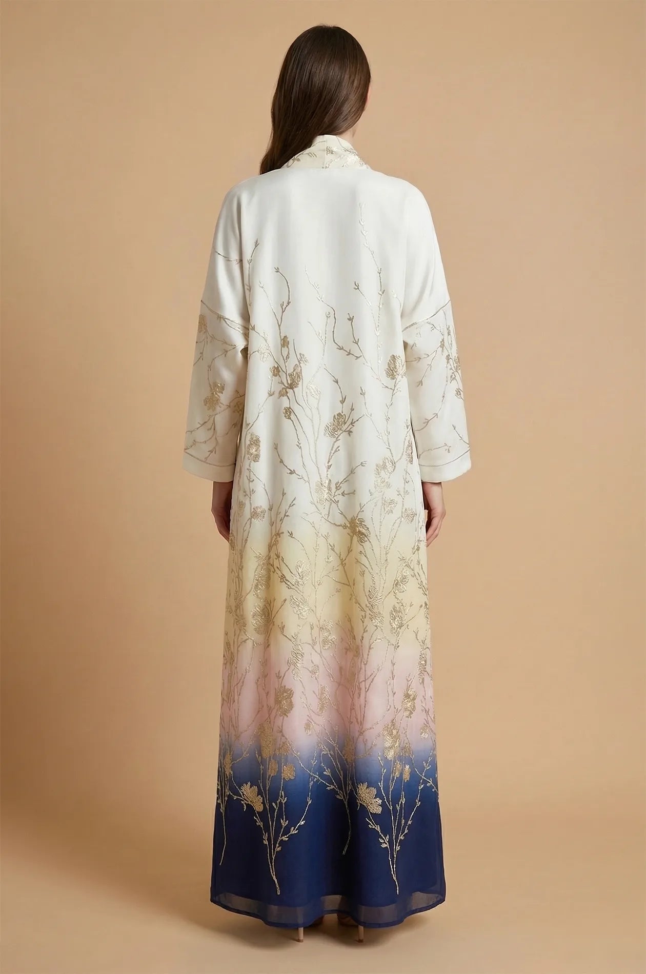 Back view of the Liorra Dark Blue Kaftan Ombre showcasing the seamless color transition from cream to deep navy blue with gold metallic detailing.