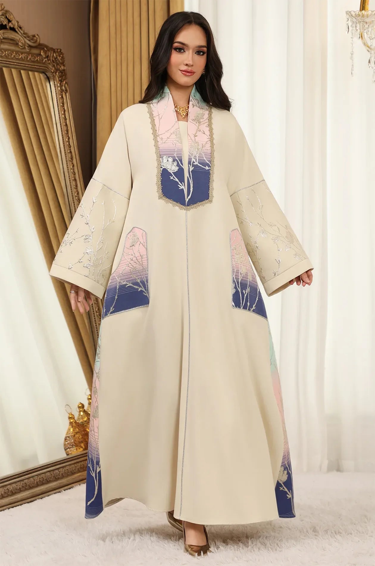 Frontal shot of the Liorra Dark Blue Kaftan Ombre highlighting the oversized fit and traditional Moroccan-inspired braided neckline.