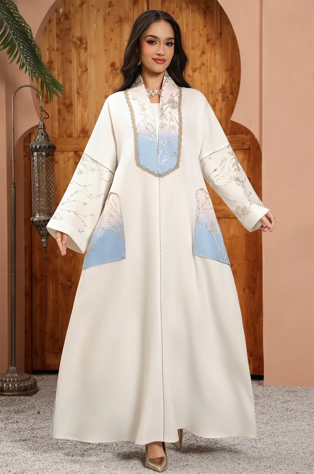 Full-length front view of the Liorra Light Blue Kaftan Ombre highlighting its sky-blue gradient transition and modest loose-fit silhouette.