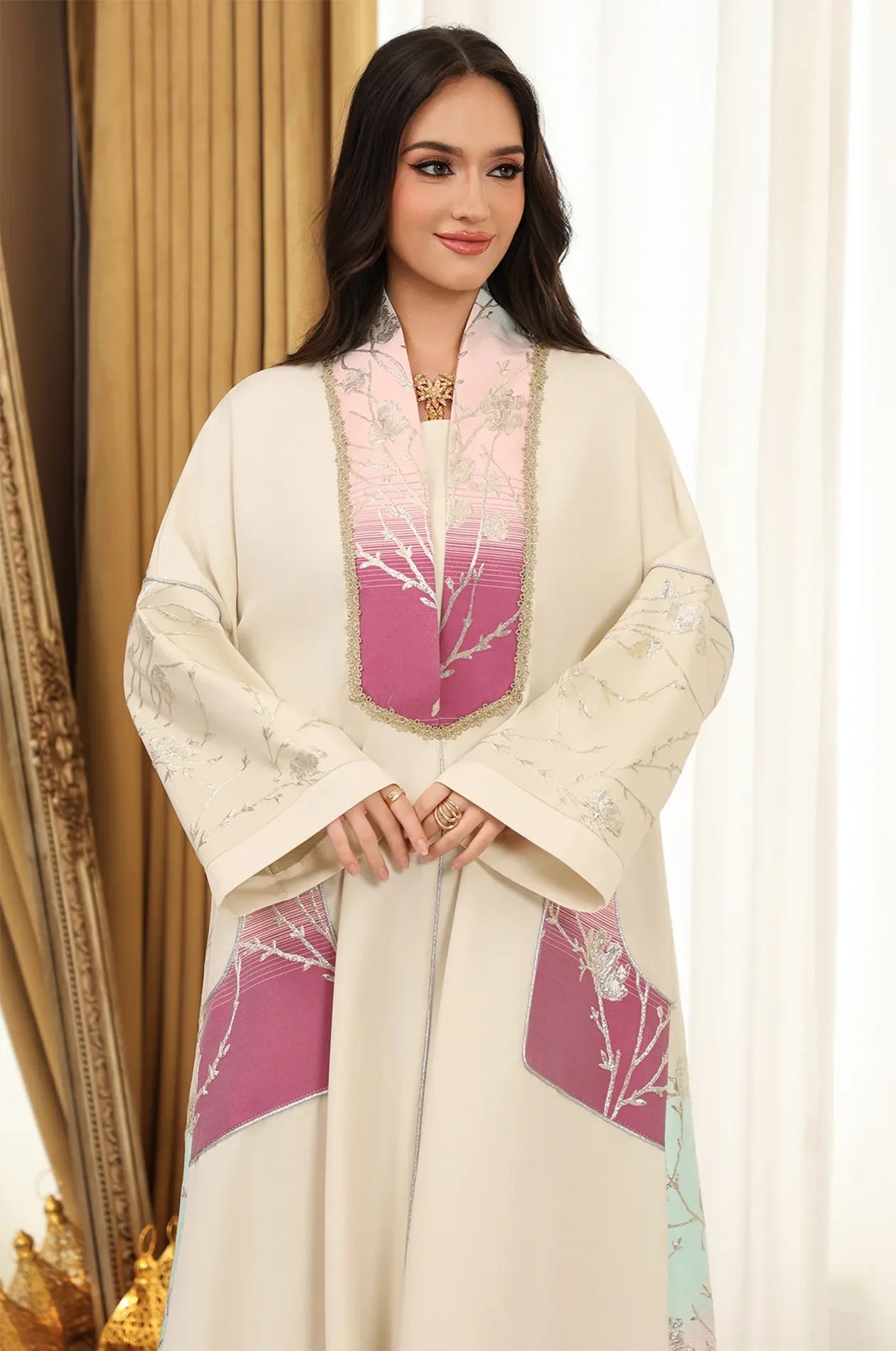 Close-up of the Liorra Pink Kaftan Ombre's bodice, focusing on the intricate silver-toned floral embroidery and braided decorative borders.