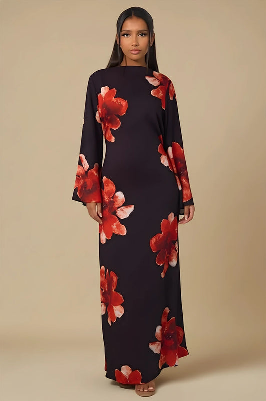 Liyana black floral print kaftan maxi dress front view with oversized red floral design