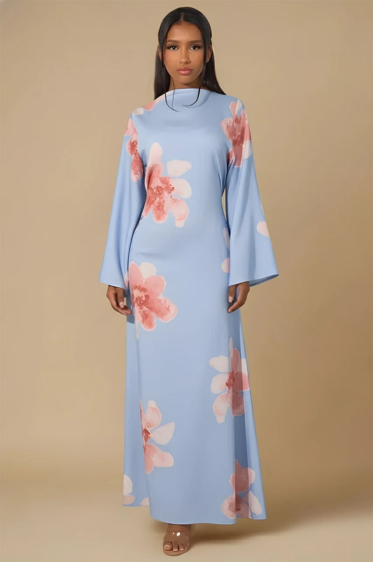 Liyana sky blue floral print kaftan maxi dress front view – elegant sky blue kaftan with pink flower pattern