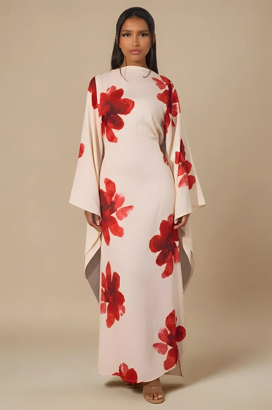 White floral print kaftan maxi dress with red watercolor flowers – front view, Liyana by Naylara.