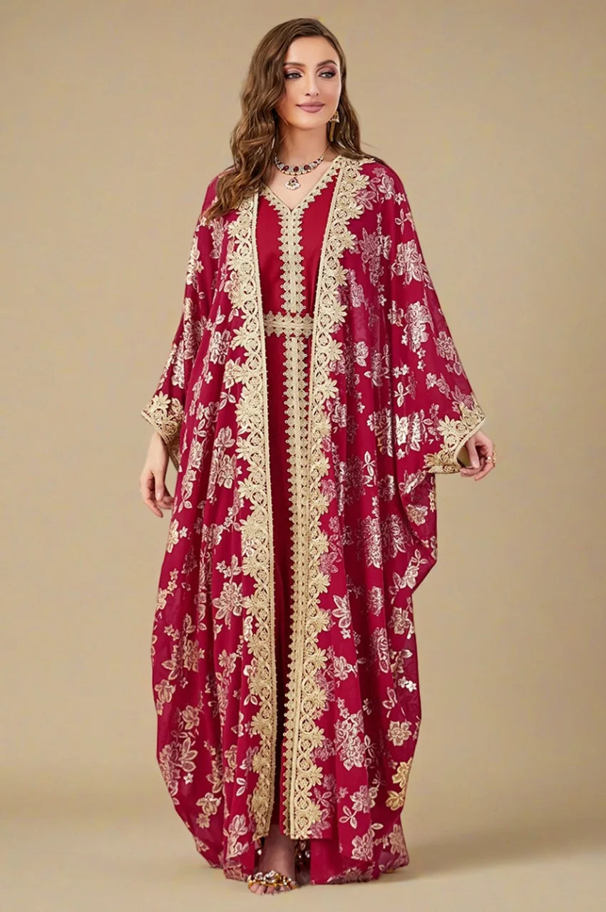 Front view of the luxury Nehya red floral print kaftan dress with gold metallic floral motifs.