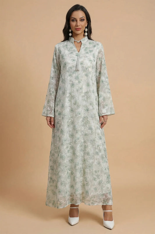 Front full-length view of the Lyana light green kaftan with floral embroidery.