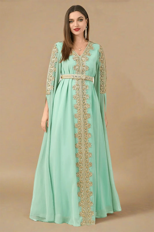Front view of Maelis green Moroccan traditional kaftan with gold embroidery