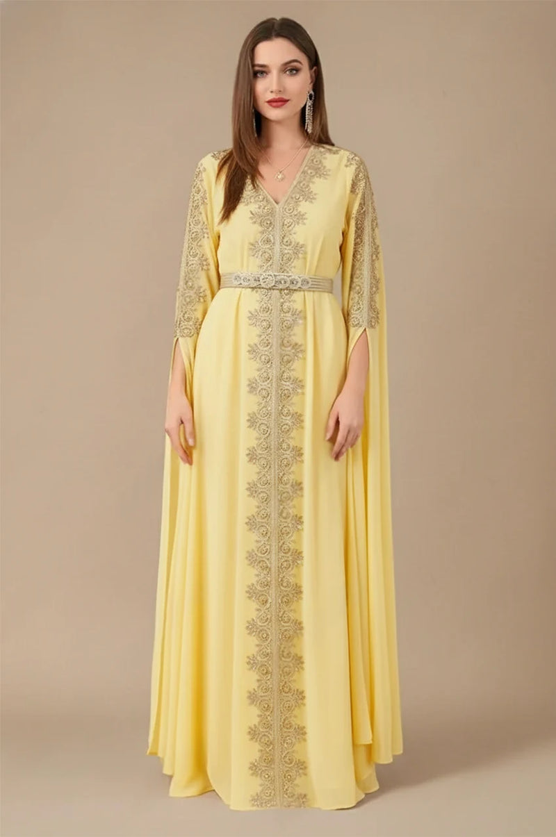 Maelis yellow Moroccan traditional kaftan with gold embroidery front view