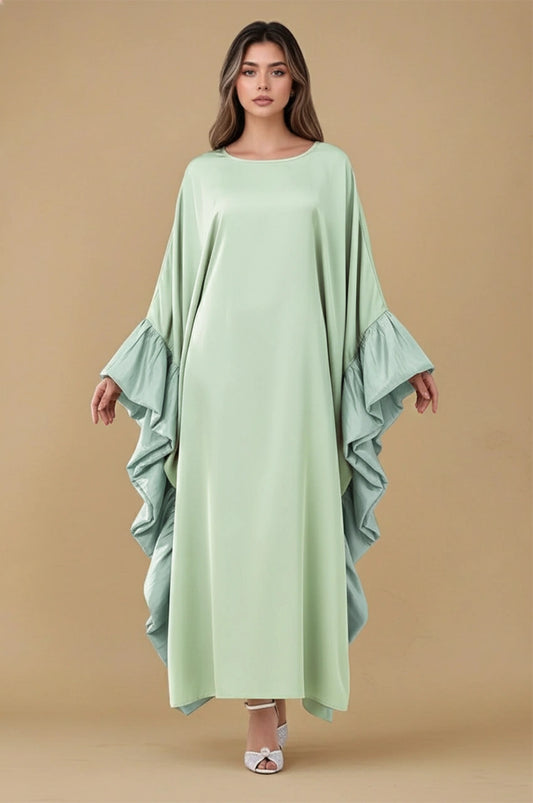 Front view of the Malya green ruffle kaftan with flowing satin silhouette and layered ruffle sleeves