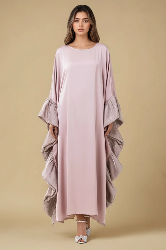 Malya ruffle kaftan in pink with flowing silhouette and layered ruffle sleeves front view