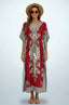 Front studio view of red mandala maxi kaftan with tassel drawstring waist