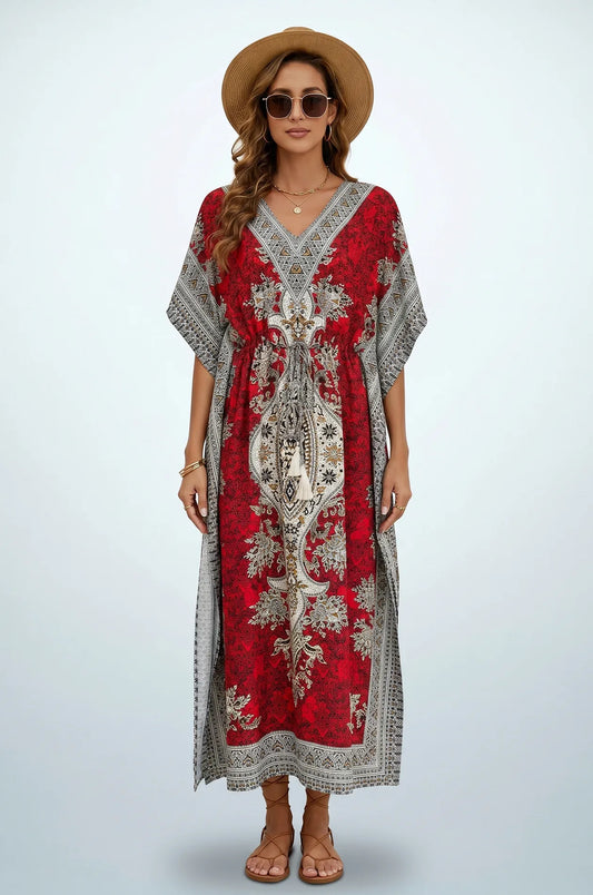 Front studio view of red mandala maxi kaftan with tassel drawstring waist