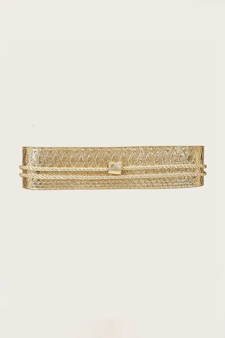 Close up texture shot of gold faux leather belt showing python embossing details.