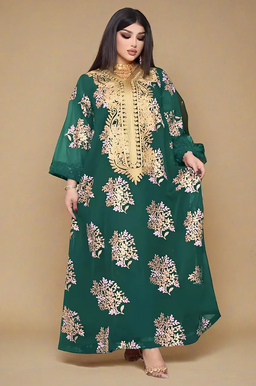 Front view of emerald green Mhaya feather sleeve kaftan with ornate gold embroidered panel