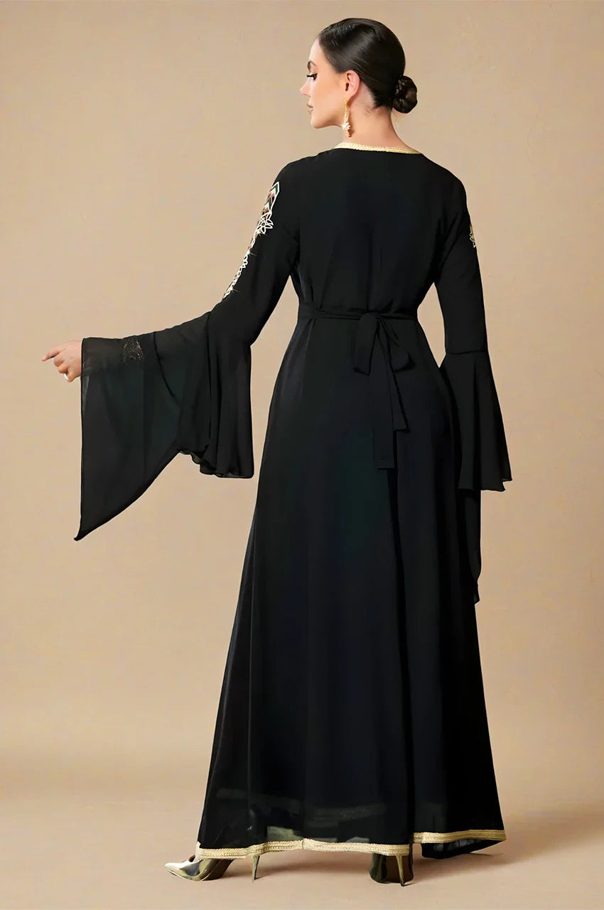 Miral black and gold kaftan with flared sleeves back angle