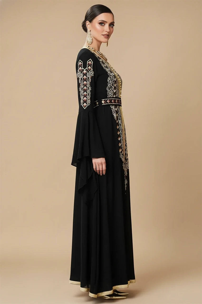 Miral black and gold embroidered kaftan side angle