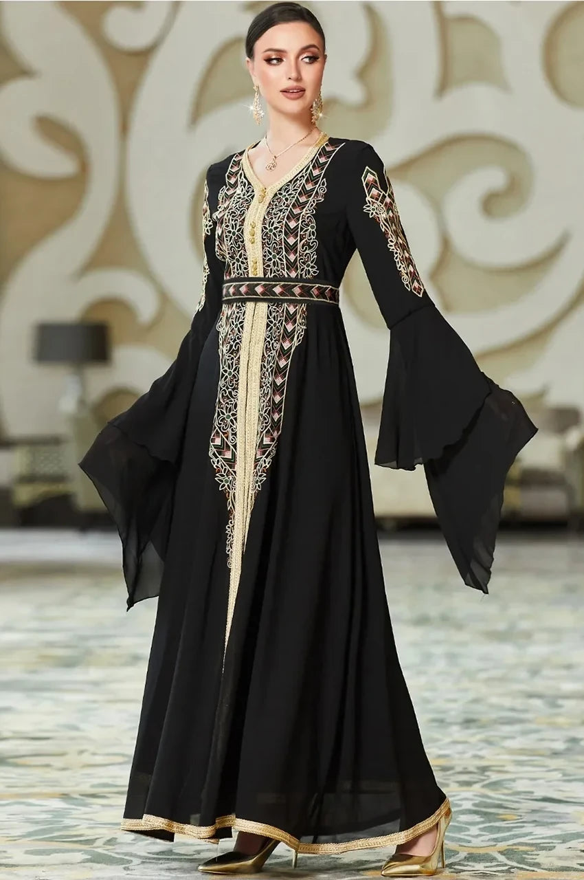 Side profile of elegant black and gold kaftan