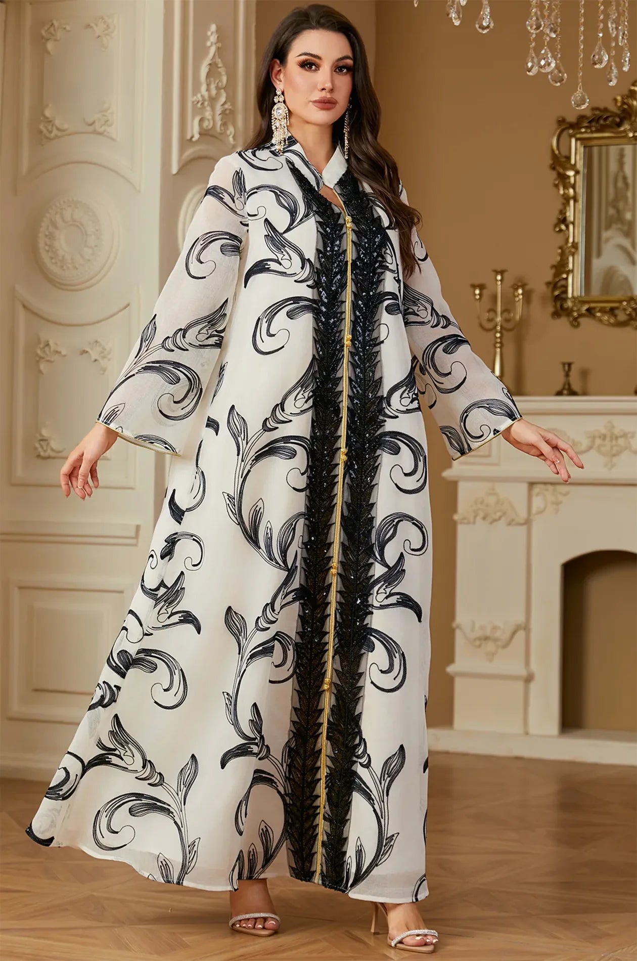 Model showcasing the flowy fabric of the white Mylah maxi kaftan.