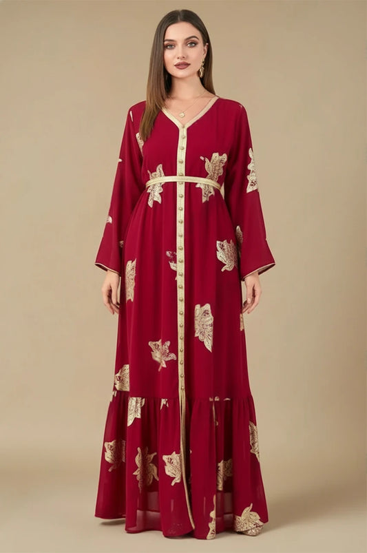 Myra Red Vintage Moroccan Kaftan – Front view, embroidered gold leaf maxi kaftan dress