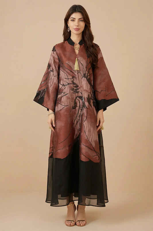 Full frontal studio shot of the Naeli Red flowy kaftan highlighting the metallic floral pattern and black contrast.
