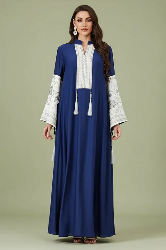 Full front view of the Navy Blue Nairi cotton kaftan maxi featuring a modest silhouette and long bell sleeves