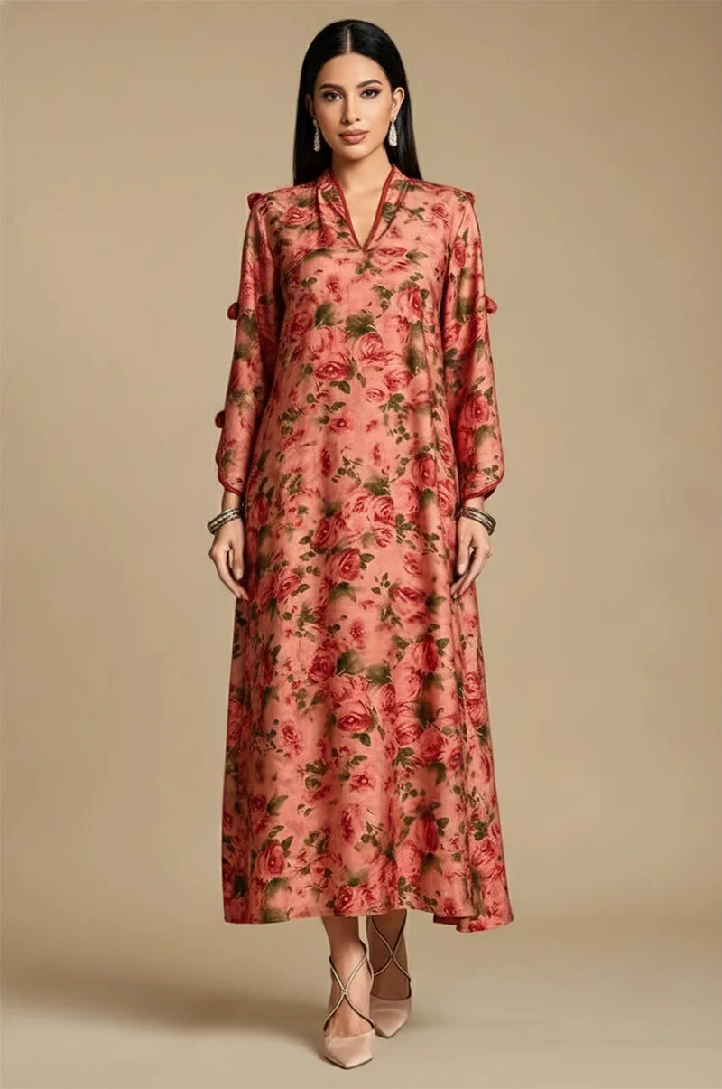 Nayela red floral kaftan โ front view with elegant rose print design