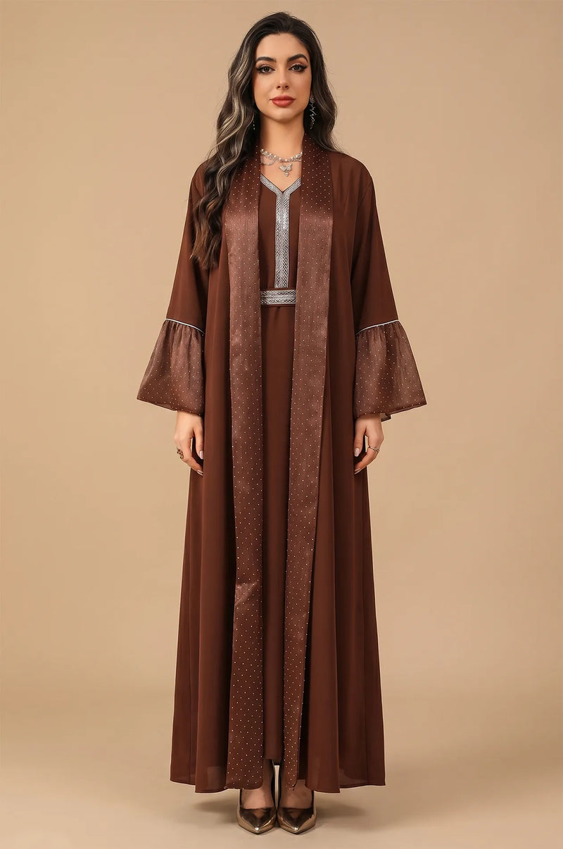 Full front view of the Auris Brown solid color Kaftan by Naylara, featuring a shimmering open-front robe and silver rhinestone trim.