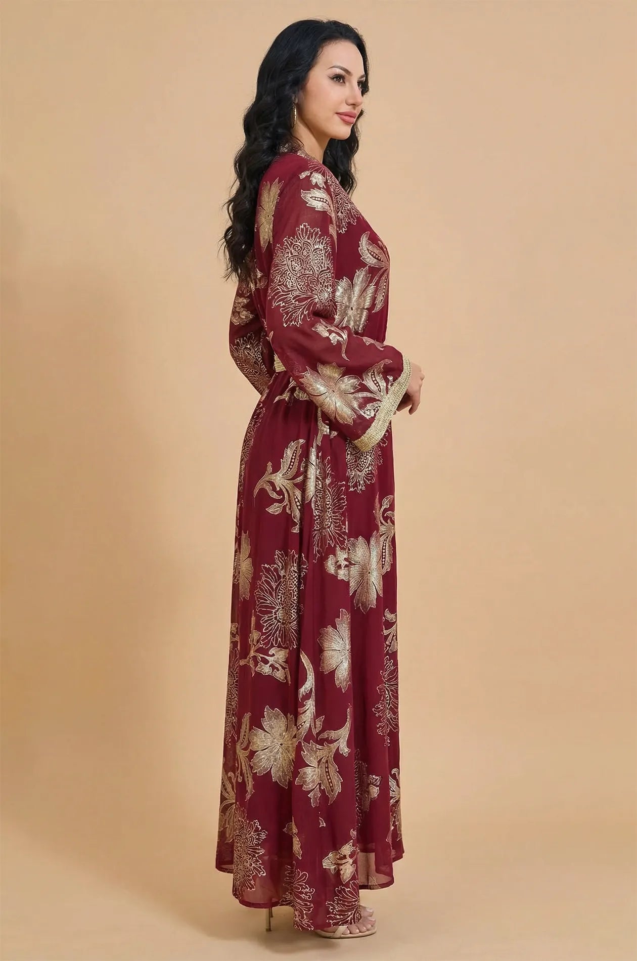 Side profile of the Ayrah maroon floral print kaftan highlighting the sleeve drape.