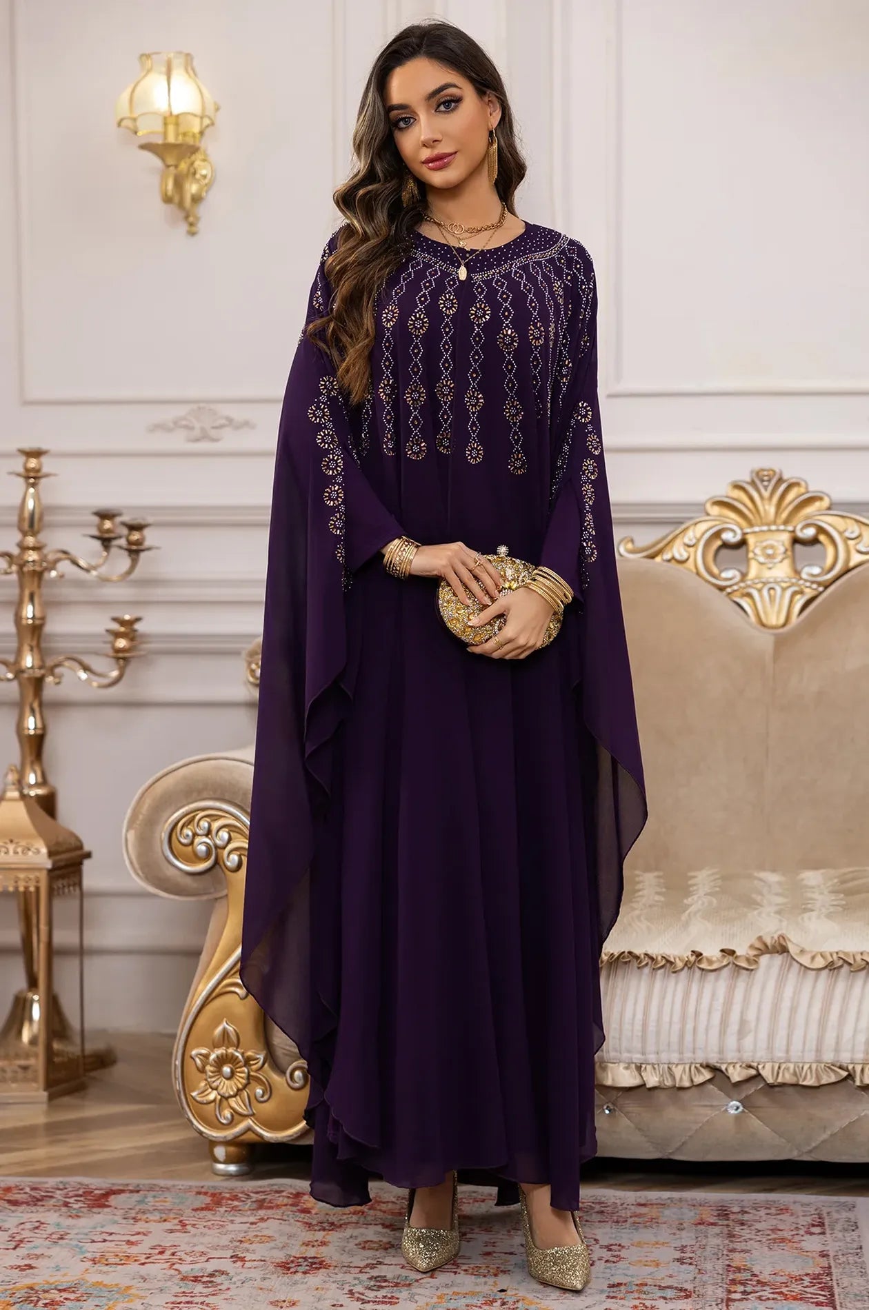 Full-length studio shot of the purple Cassia rhinestone kaftan showing the elegant chiffon drape.