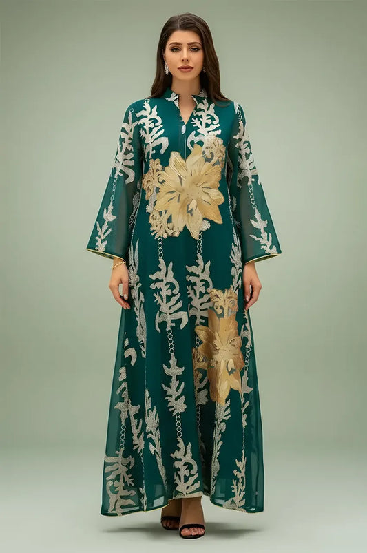 Full-length front view of the emerald green Maliya flower kaftan with gold embroidery in a studio setting.