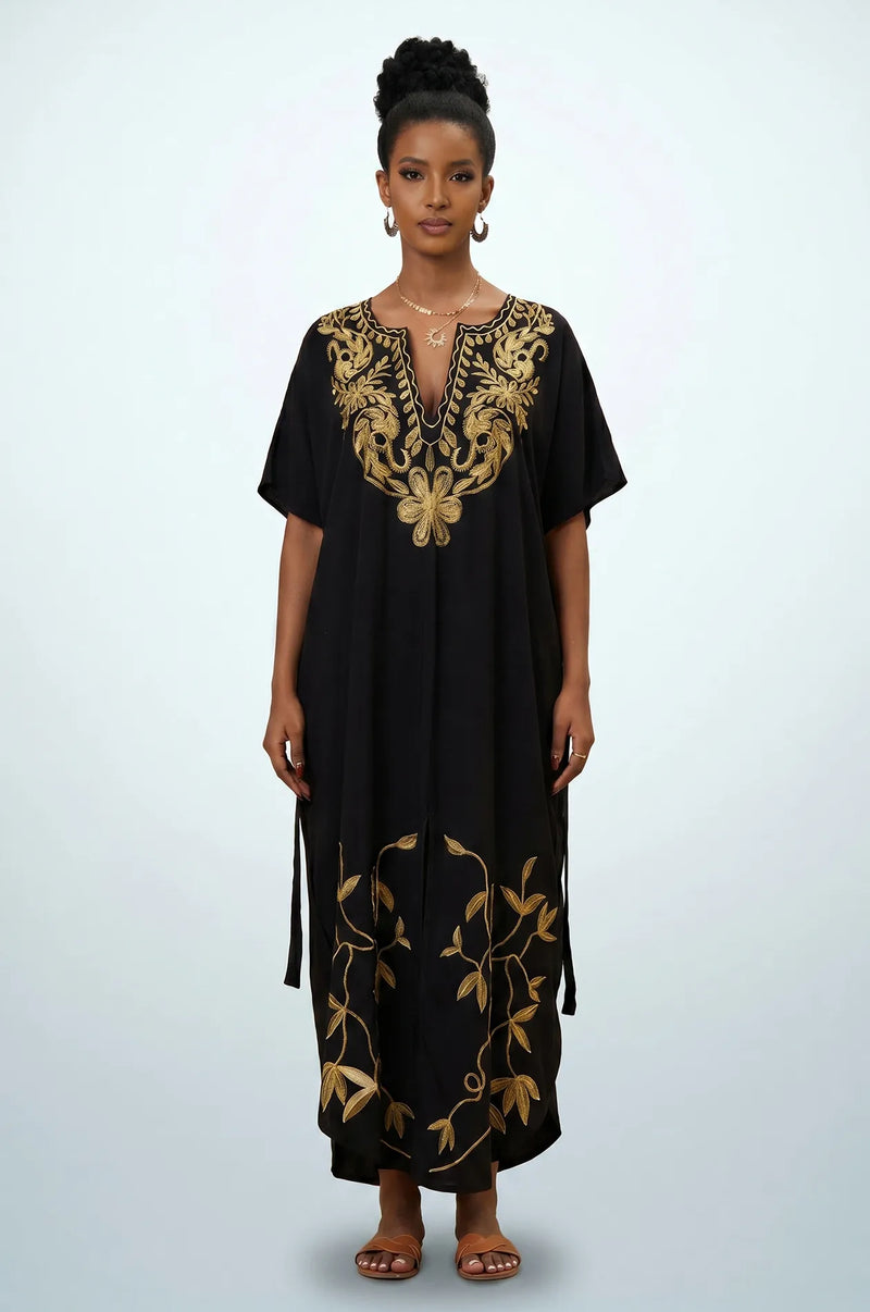 Naylara Halia black gold embroidered long kaftan beach cover up β front full length studio