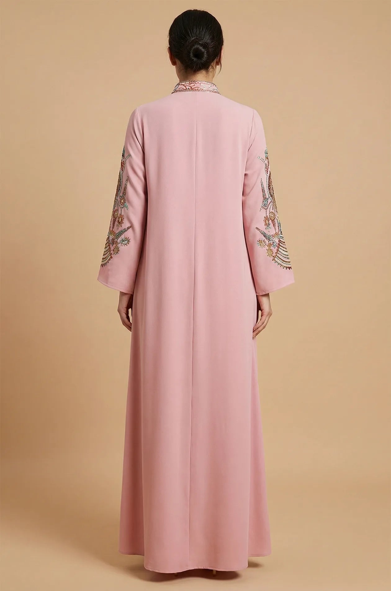 Back view of the Inez Pink Jalabiya Kaftan showing the clean, minimalist lines and high-quality finish of the garment.