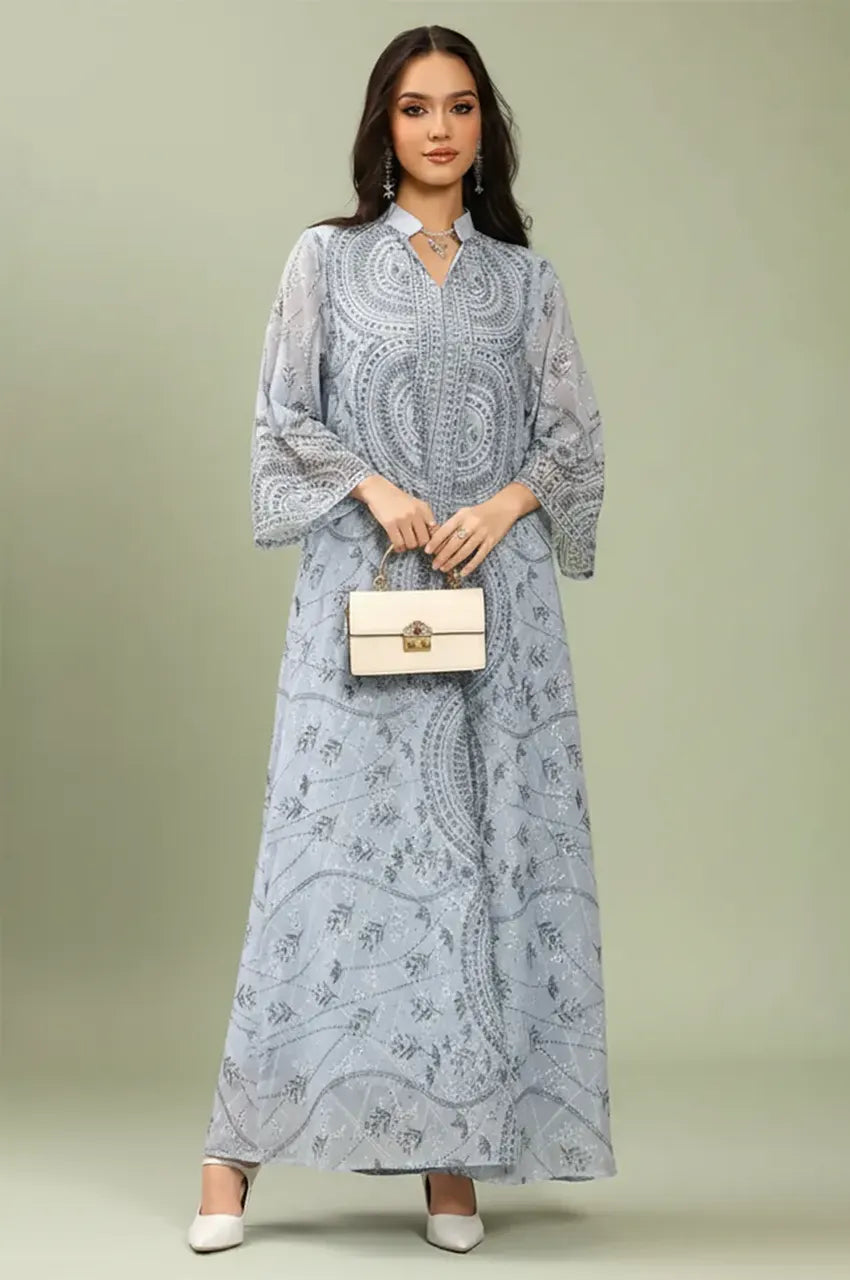 Front view of the Kaly Light Blue sheer maxi kaftan by Naylara showcasing the floor-sweeping silhouette and sheer georgette fabric.