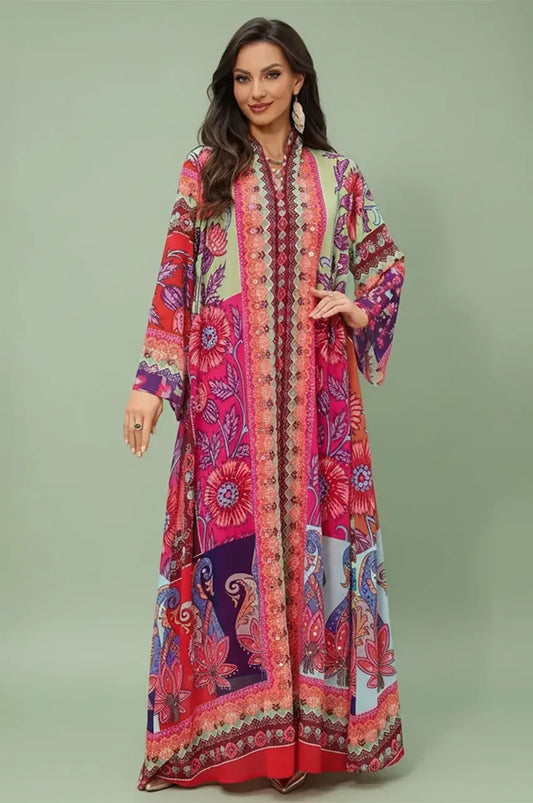 Full-length front view of the Kimia orange Indian kaftan night dress by Naylara, featuring traditional ornamental paisley and geometric patterns