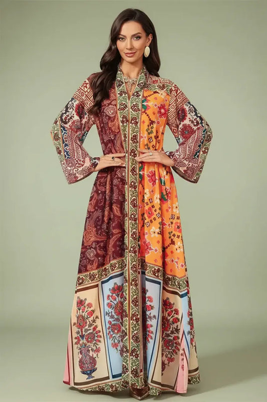 Full-length front view of the Kimia red Indian kaftan night dress featuring a vibrant bohemian multi-print design and long sleeves.