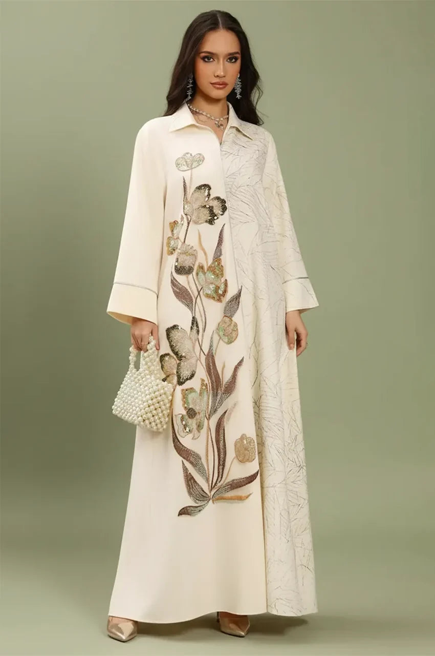 Full front view of the Naylara Lamiya beige a line kaftan dress featuring artisanal floral sequined embroidery and a modern shirt-style collar.