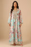 Full-length frontal view of the Naylara Lyrae blue vintage embroidered kaftan featuring a floral rose print on a mint base.