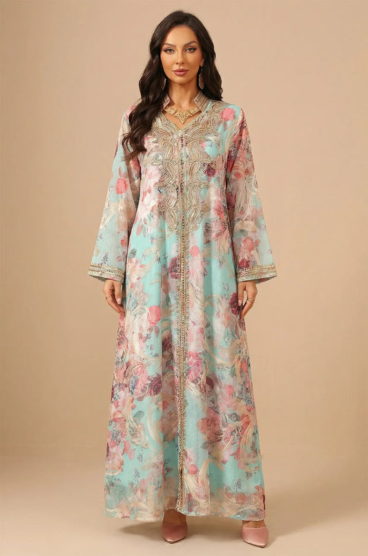 Full-length frontal view of the Naylara Lyrae blue vintage embroidered kaftan featuring a floral rose print on a mint base.