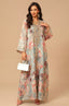 Full-length frontal view of the Naylara Lyrae green vintage embroidered kaftan featuring a floral print and white handbag.