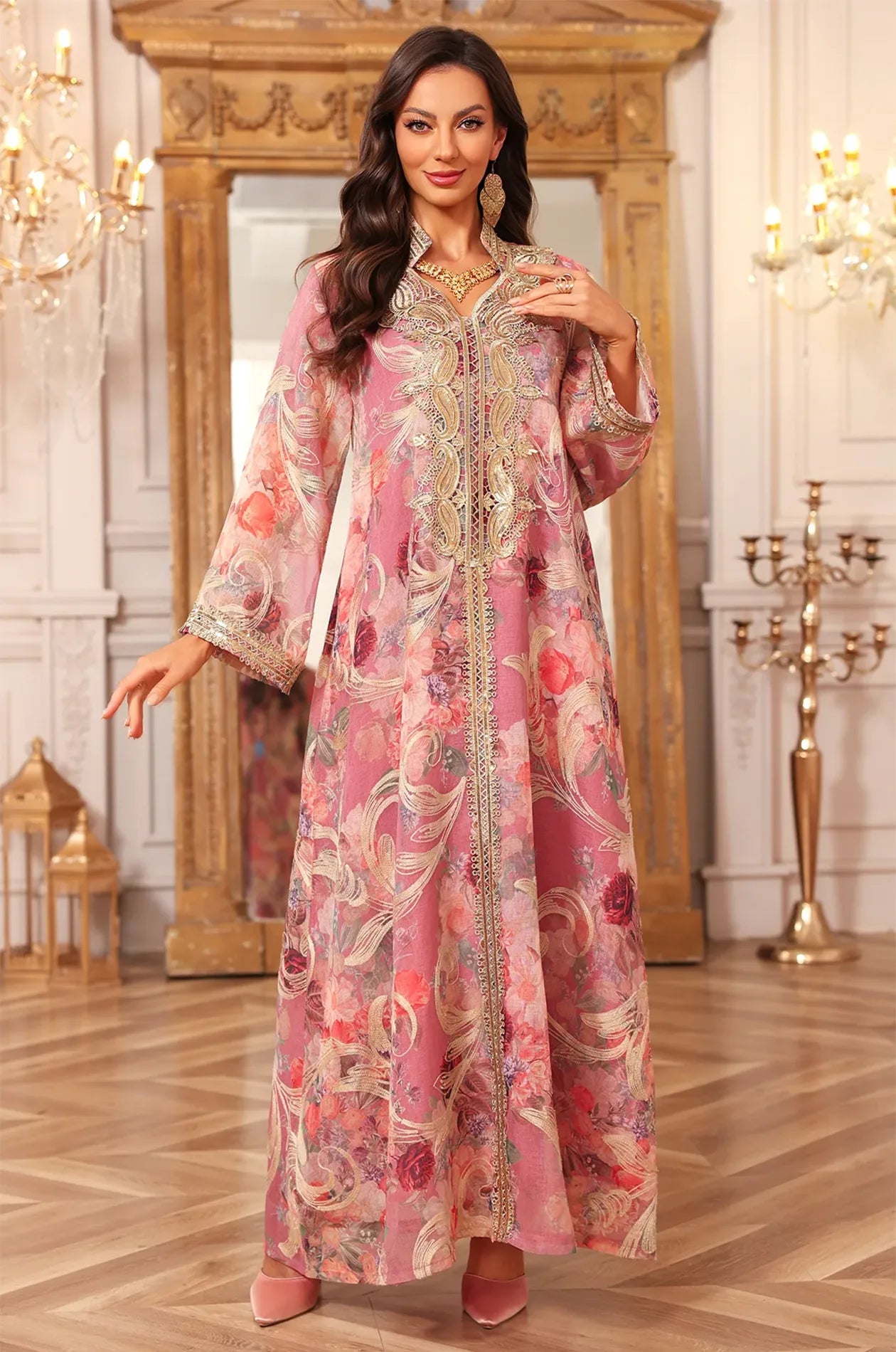 Elegant dynamic pose showcasing the fluid movement and lightweight sheer fabric of the pink Lyrae vintage embroidered kaftan.