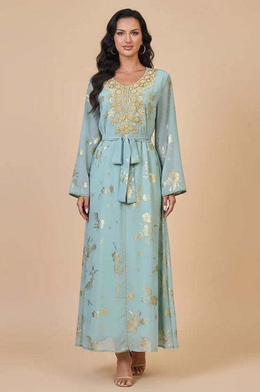 Full body studio shot of the Naylara Malika Aqua Gold moroccan kaftan with traditional gold embellishments.