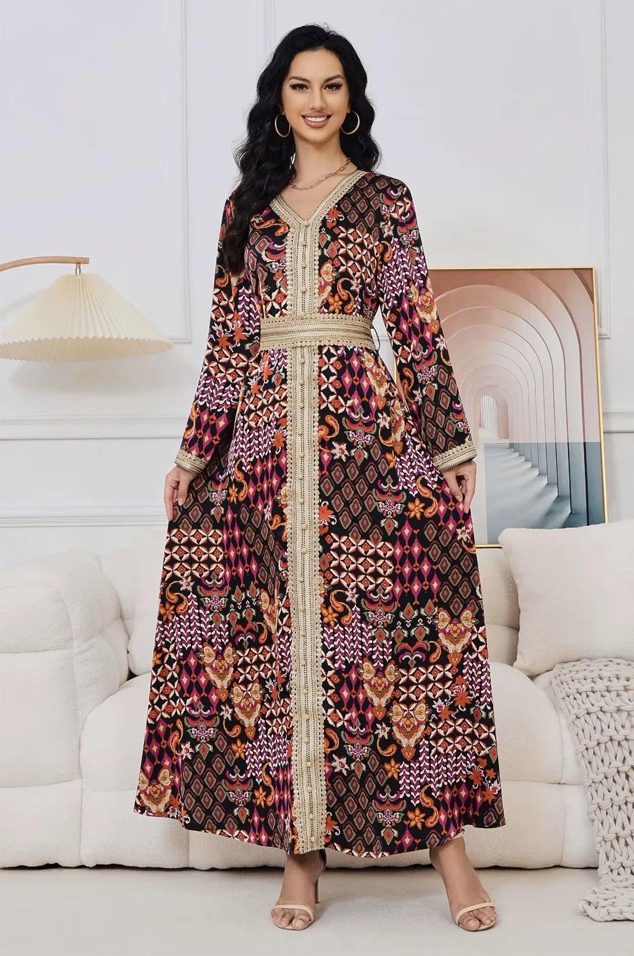 Elegant standing view of the Naylara Maris tribal kaftan in multicolor.